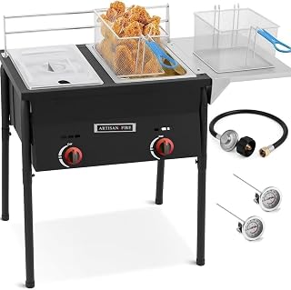 Two Tank Propane Deep Fryer-2 Basket Stainless Steel Cooker-Fry Fish/Chicken Outdoor-4 Gal. Oil Capacity-with 2 Thermometers and Regulator