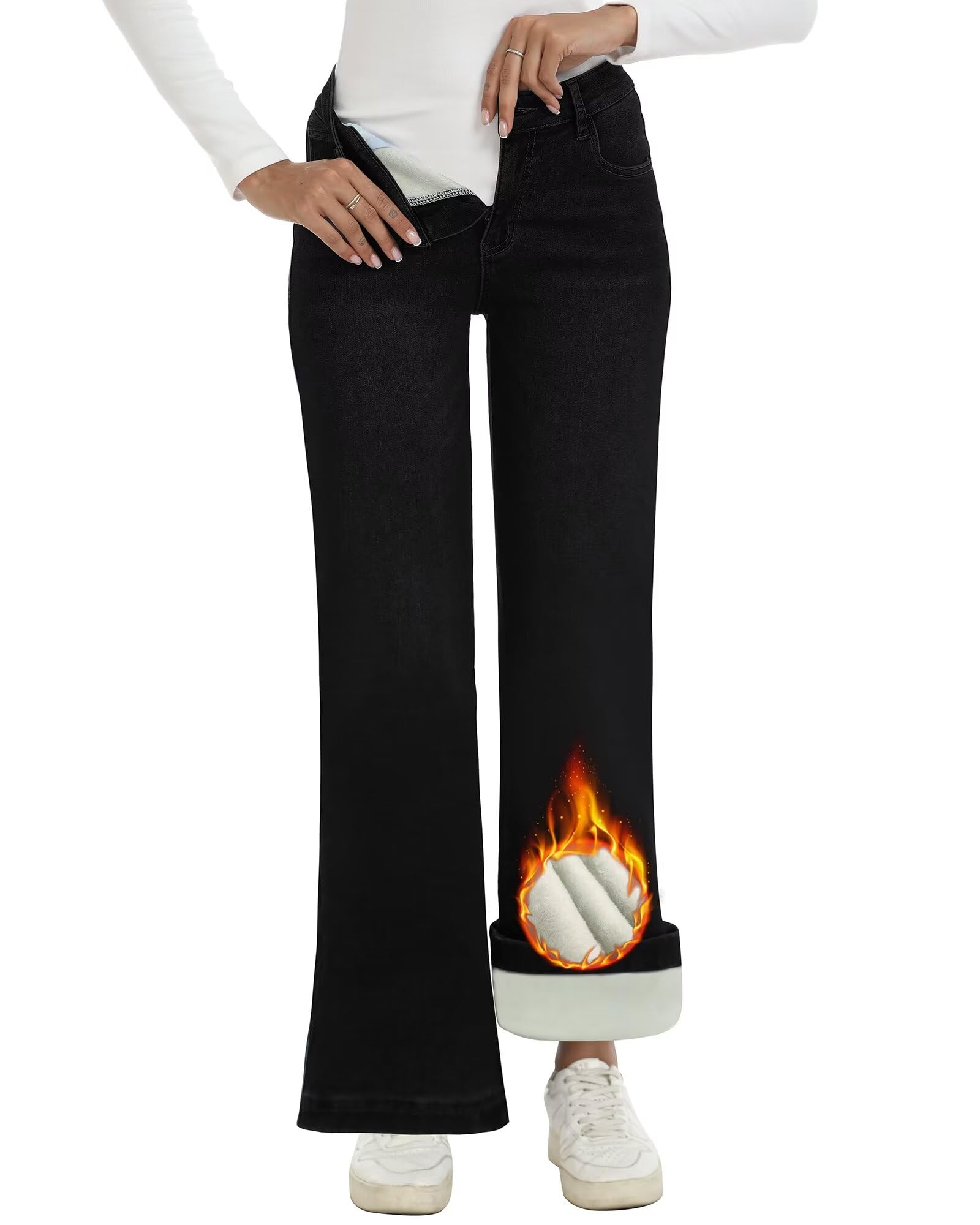 LOOKUB Fleece Lined Jeans Women High Waisted Stretchy Winter Jeans Warm Thermal Pants Thick Bell Bottom Wide Leg Jeans Woman