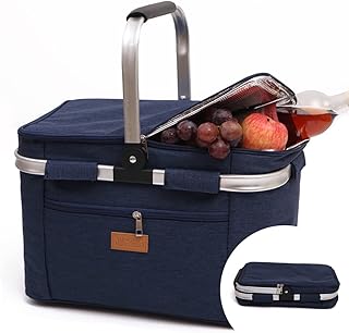 SUNDAYS LEISURE Collapsible Picnic Basket – Insulated Basket with Lid & Aluminium Frame – Foldable Picnic Cooler Bag for S...