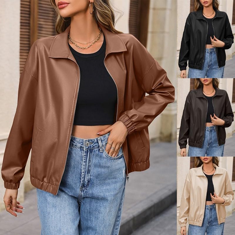 Veste de motard zippée en cuir PU marron manches longues coupe ample - 2