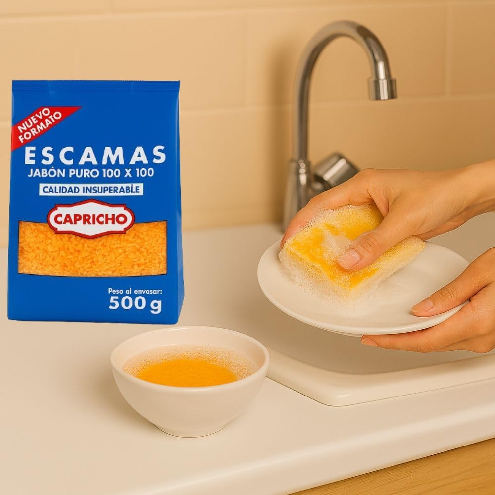 Capricho Escamas de Jabón Natural 100 % Puro 500 g, Jabón en Escamas para Ropa, Suelos y Loza, Uso Doméstico a Mano y en Lavadora