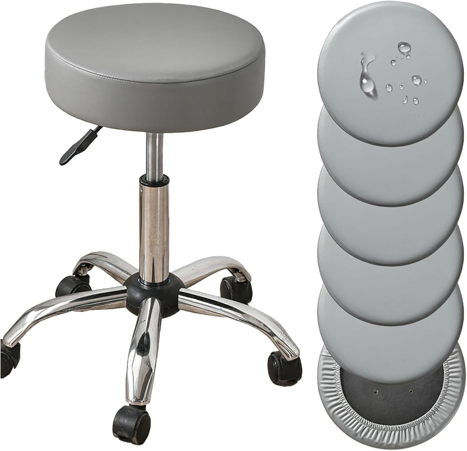 PU Leather Round Stool Cover Set (2/4/6 Pieces) - Waterproof, Easy to Clean, Elastic Edging, Non-Slip(Light Gray,6 Pack)