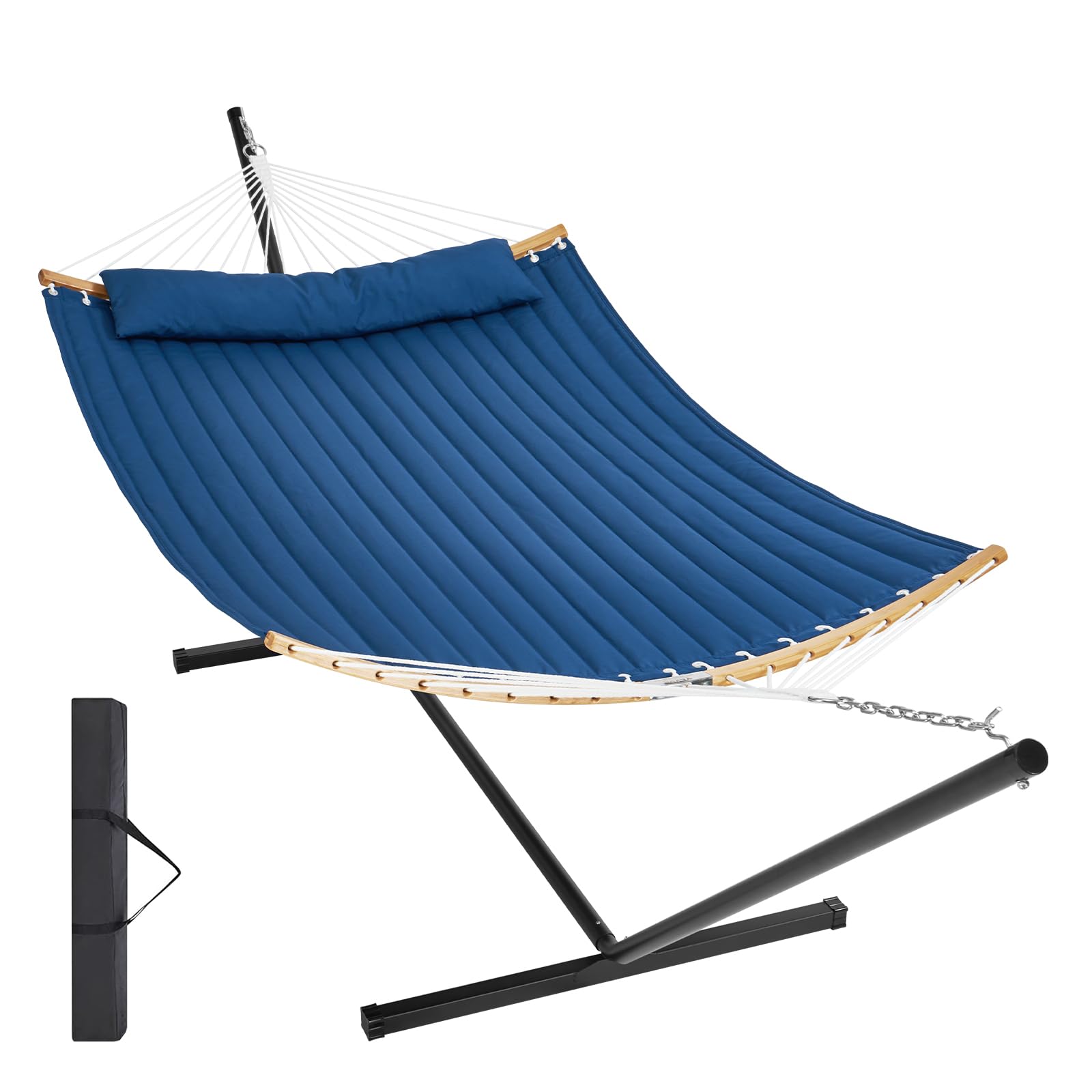 VEVOR Double Quilted Fabric Hammock with Stand Outdoor 2 Person Hammock with Strong Curved-Bar, Pillow & Portable Bag, Heavy Duty 480lbs Double Hammock with Stand for Outside, Patio, Garden, Beach