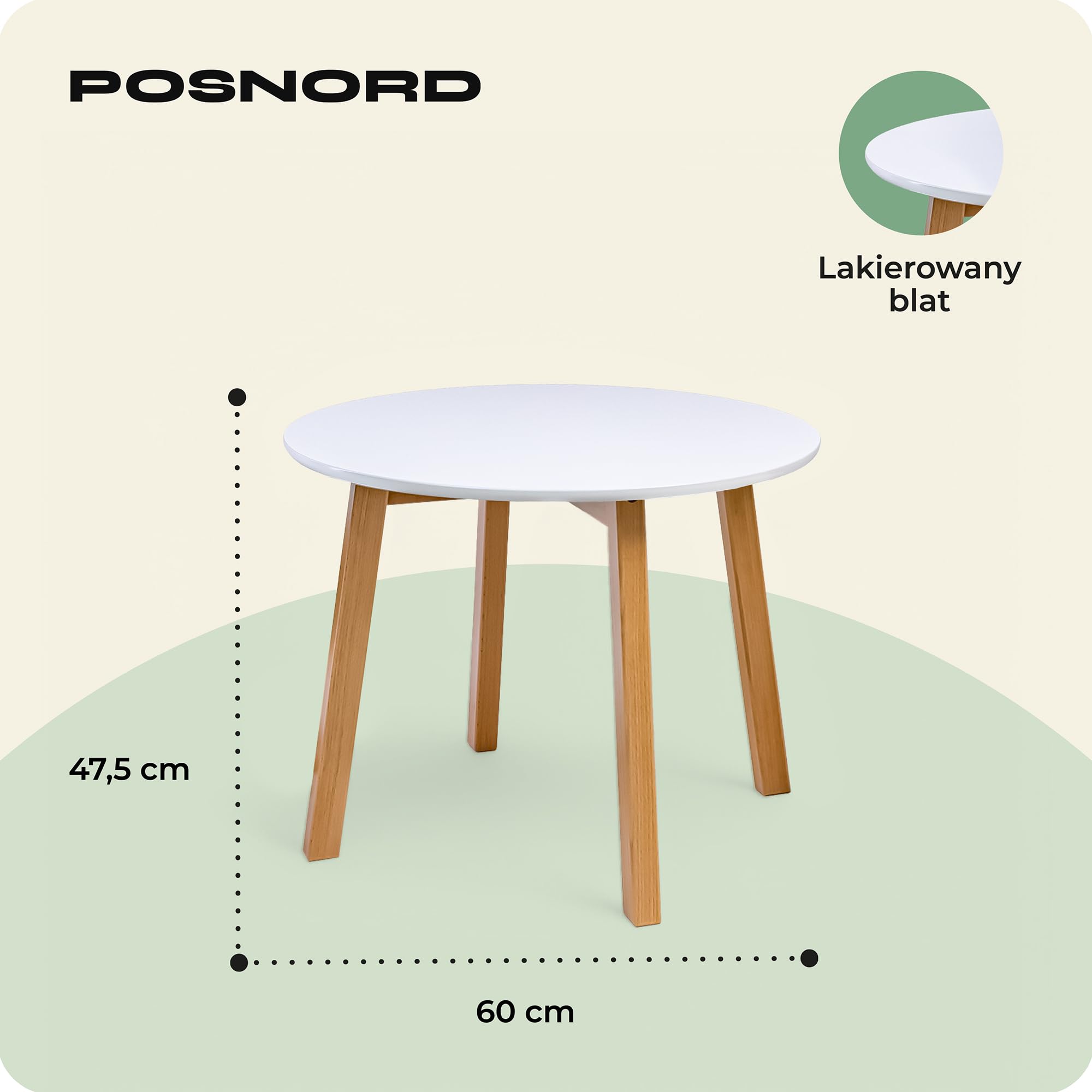 Okrągły Stolik Kawowy 60 cm do Salonu - Stolik Pomocniczy z MDF z Bukowymi Nogami - Skandynawski Stolik na Kawę z Lakierowaną Powierzchnią Biały