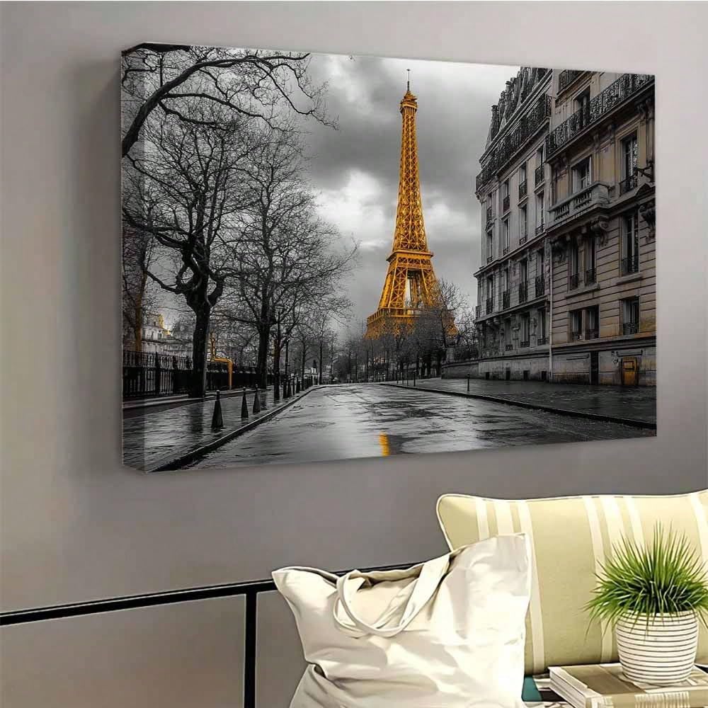 Cuadro decorativo de la Torre Eiffel amarilla, póster de una calle parisina lluviosa, láminas de paisajes urbanos, imágenes modernas para la decoración del hogar (70x100cm/marco interior)
