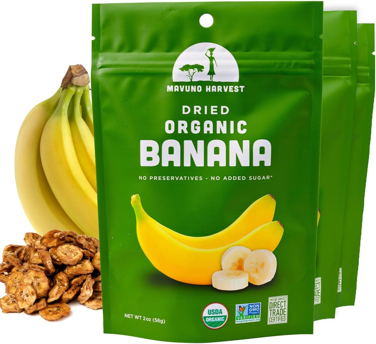 Mavuno Harvest Dried Banana Chips Fruit Snacks | Organic Dried | Healthy for Kids & Adults | Unsweetened Chips | Gluten Free | Vegan, Non GMO, Direct Trade | 2 Oz, Pack of 3
