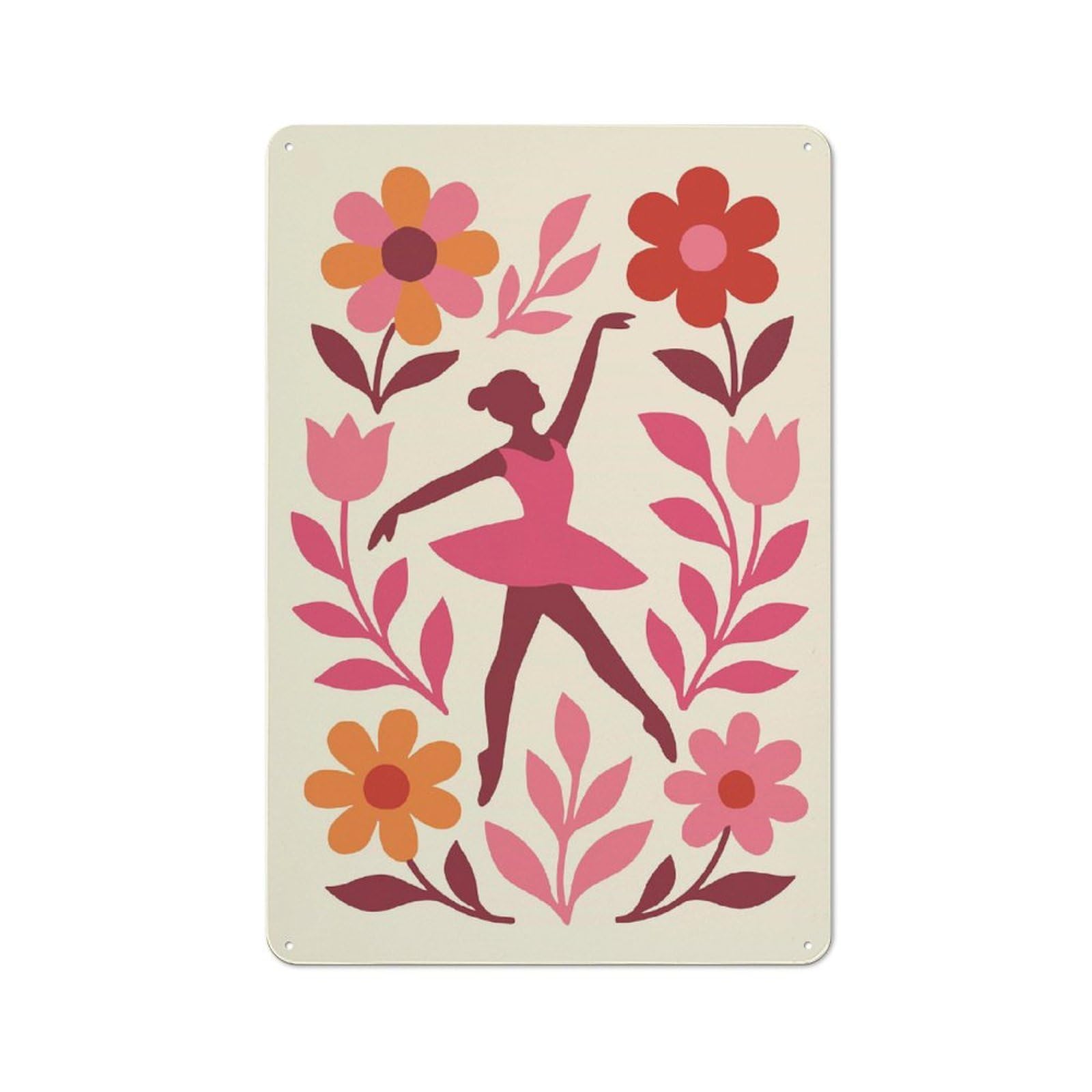 Junmoney Style-7 Modern Retro Decorative Metal Plaque 30X20cm Featuring Ballerina Surrounded By Flowers, Loft Wall Plaque For Flat, Bar, Studio Or Gallery Wall