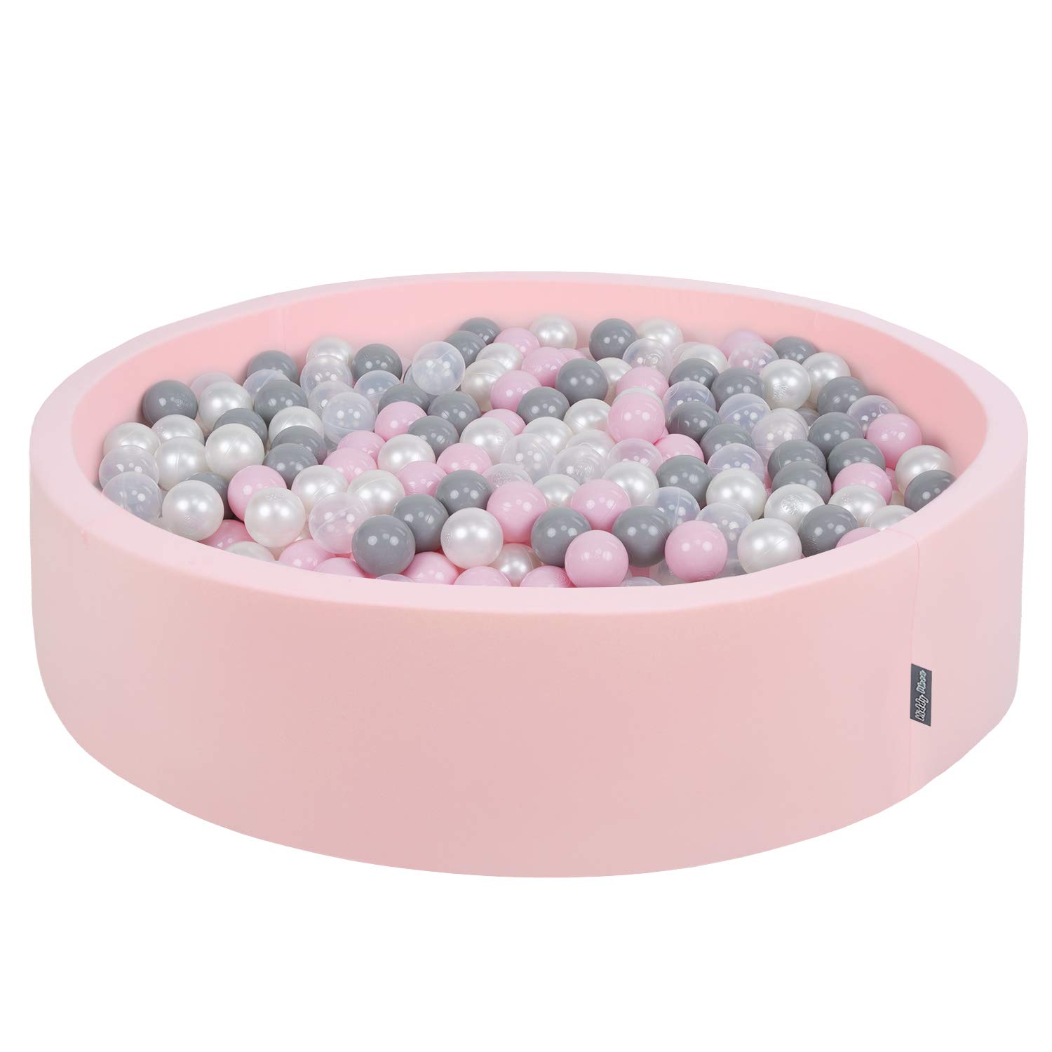 KiddyMoon Soft Ball Pit Round 120X30cm/600 Balls ∅ 7Cm / 2.75In For Kids, Foam Ball Pool Baby Playballs Children, Made In The EU, Pink:Pearl-Grey-Transparent-Powder Pink