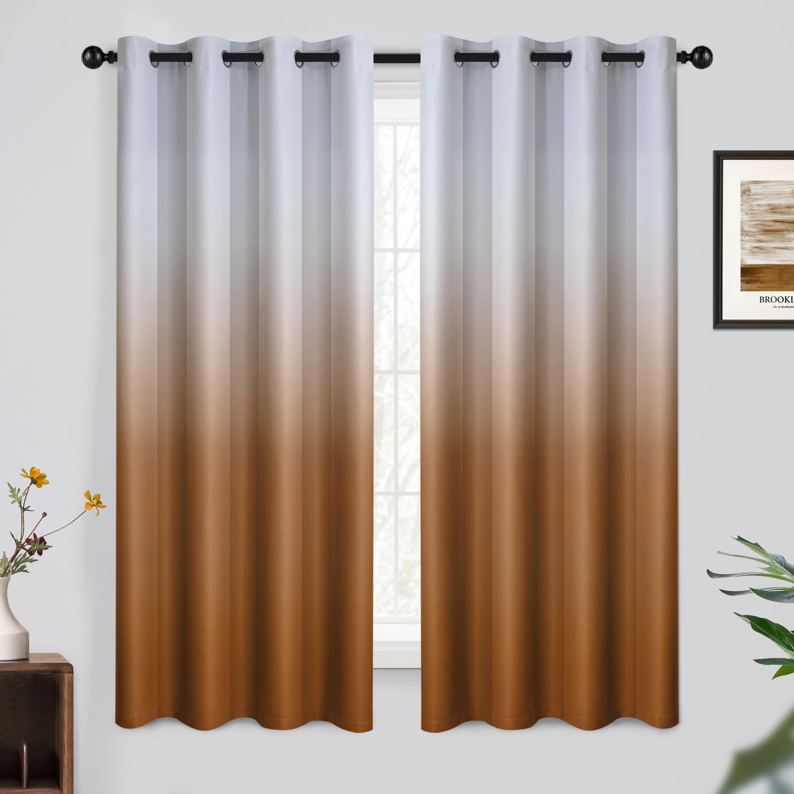 Yakamok 63 Inch Long Ombre Curtains,Thermal Insulated Greyish White to Burnt Orange Color Curtains,Room Darkening Grommet Window Drapes for Living Room/Bedroom(2 Panels,52W x 63L) — image 1