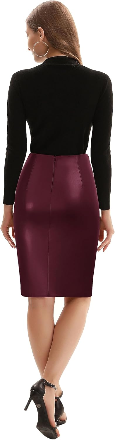 Kate Kasin Women's Faux Leather High Waist Wrap Knit Bodycon Midi Skirt for Business Casual Pencil Skirt - Image 4