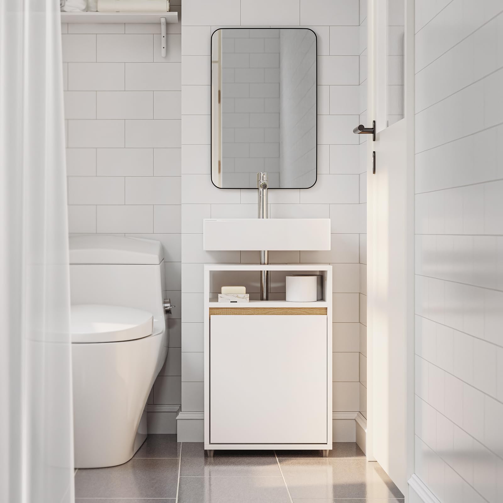 SoBuy Mobile Sottolavabo Stretto con Apertura a U 40x60x30cm per Bagno | Armadietto Salvaspazio, Mobile Bagno di Servizio per Piccoli Spazi, Finitura Opaca Bianco e Legno BZR222-W
