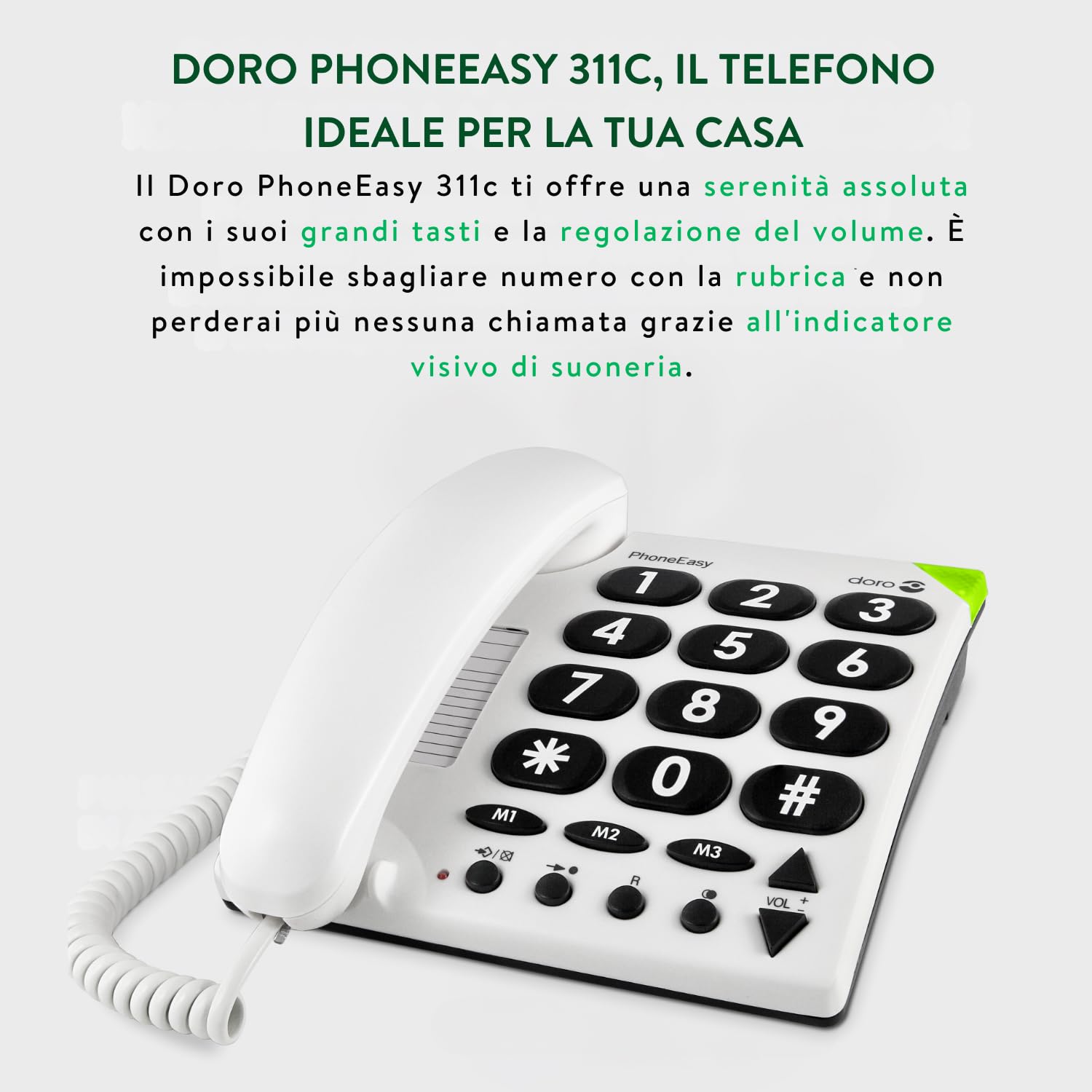Doro PhoneEasy 311c Telefono Fisso Casa per Anziani - Cornetta - Rubrica - Tasti Grandi - 3 Tasti Chiamata Rapida - Suoneria Forte - Compatibile con Apparecchi Acustici (Bianco) [Versione Italiana]