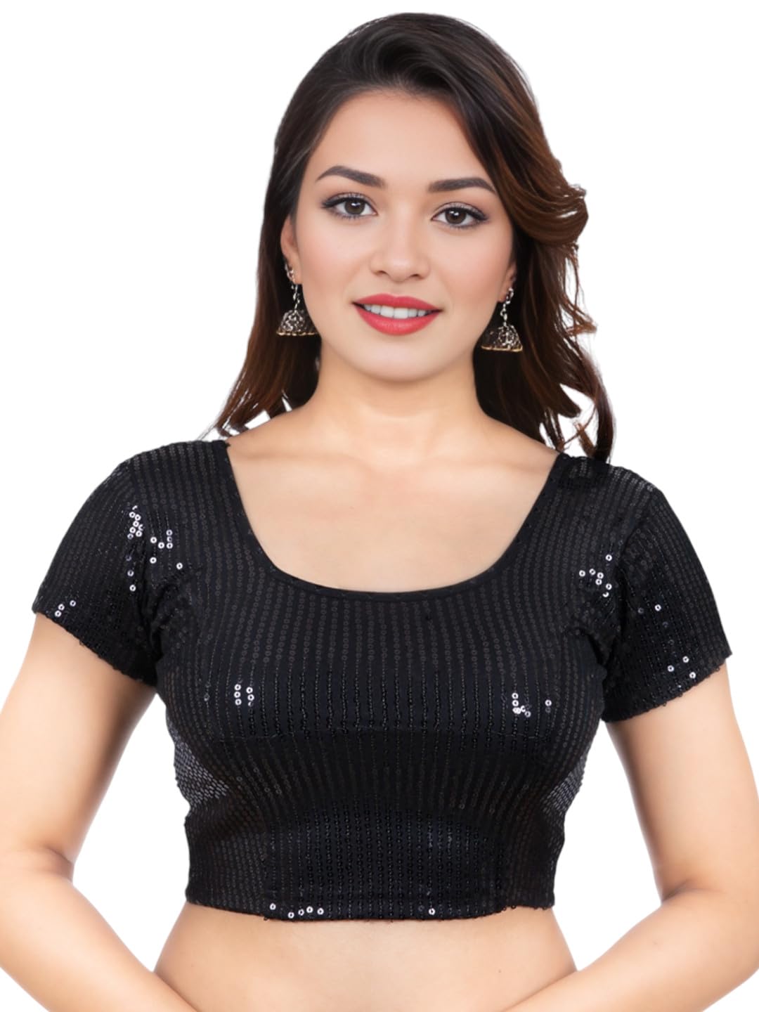 Women's Lycra Stretchable Sequin Round Neck Cap Sleeves Readymade Saree Blouse-image-16