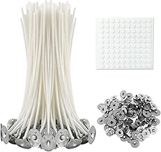 250 Pcs Candle Wicks Accessories Bulk, 100 Pcs 20CM Wicks + 100 Pcs Sticker Dots + 50 Pcs Metal base, MaehSab Smokeless Pre-Waxed Cotton Core Long Wicks 8in for DIY Candle Making Gift