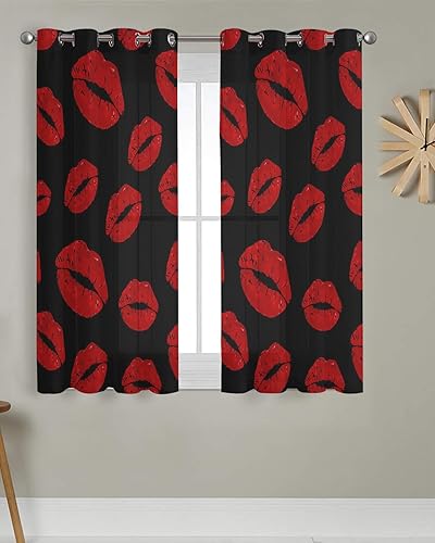 Miniatura 3 de Cortinas transparentes de 52 x 72 pulgadas de largo, con labios rojos y fondo negro, cortinas semitransparentes de gasa con ojales, para sala de