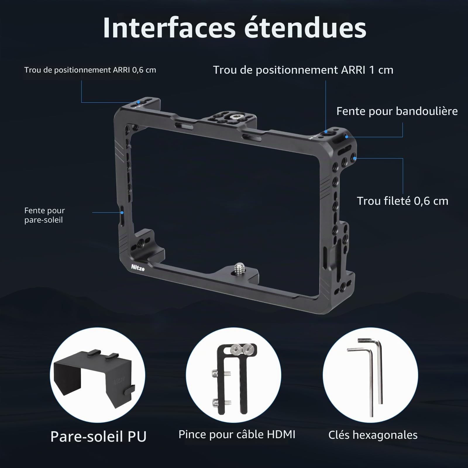 Nitze Cage de Moniteur pour Feelworld F6 PLUSX / F6 Plus / F5 Pro / F5 Prox, avec Serre-Câble HDMI et Pare-Soleil - JT-F05B