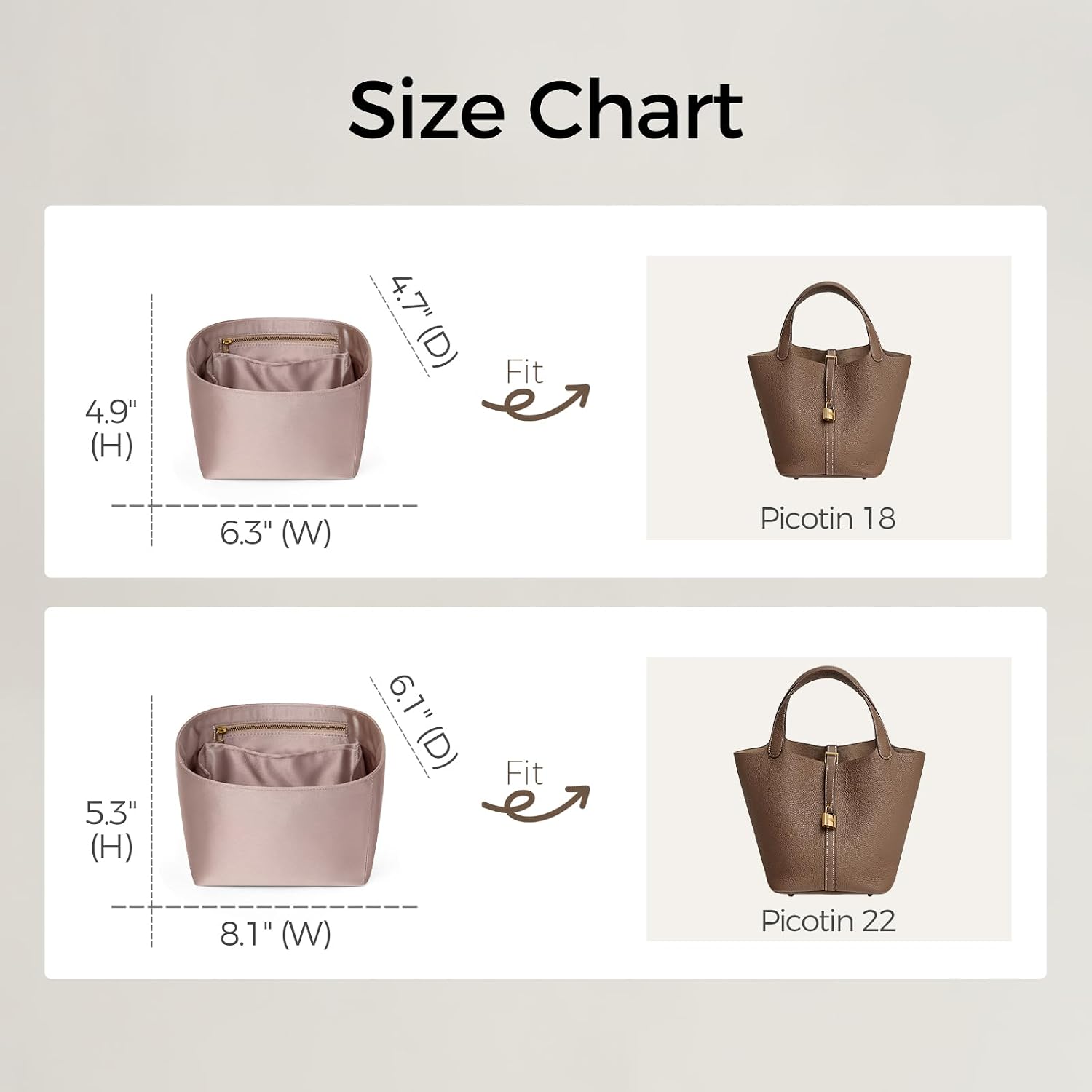 ztujo picotin 18/22 bag insert hermes, luxury silky picotin bag organizer insert (etoupe grey, p22) etoupe grey p22