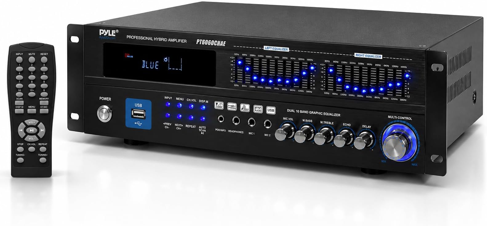Bluetooth Hybrid Home Amplifier - 6-Channel 2000W Rack Mount Power Amplifier Receiver w/ Radio - Dual 10 Band EQ, Karaoke Microphone x2, USB, RCA, COAX, OPT, DVD Inputs, HiDef Input and Output