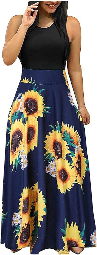Amazon.com: Vestido largo sin mangas con estampado de girasoles para mujer,  cuello redondo, sin mangas, dobladillo oscilante, delgado, de verano, a la  moda, casual, para fiesta : Ropa, Zapatos y Joyería