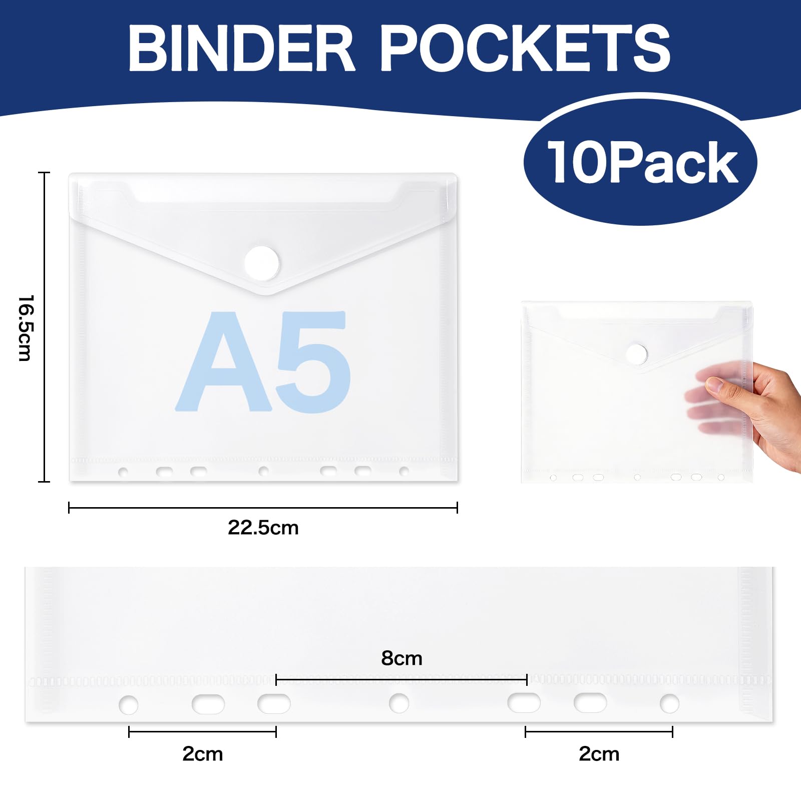 Dokumententasche A5, 10 Stück Wasserabweisend Dokumentenmappe zum Abheften mit 7 Loch und Klettverschluss, Transparente Ordnertasche für A5 Binder & Ringbuch