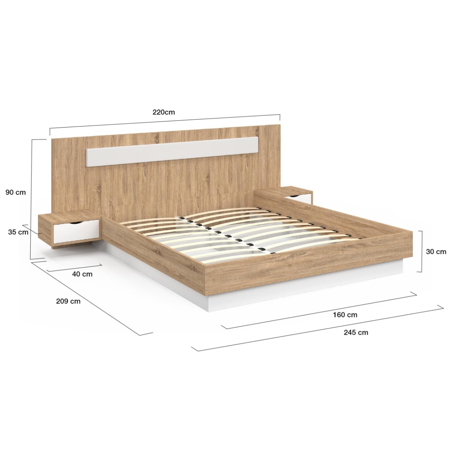 IDMarket - Lit Double Santa avec tête de lit + Tables de Chevet intégrées et sommier 160 x 200 cm Bois et Blanc