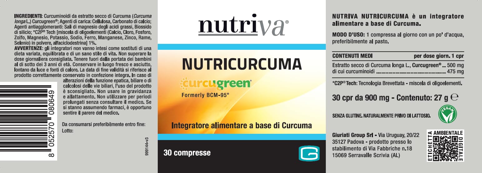 NUTRIVA Nutricurcuma, Integratore Alimentare a Base di Di Curcuma Brevettata Curcugreen, 475mg di Curcuminoidi per Compressa, Adatto Ai Vegani, 30 Compresse
