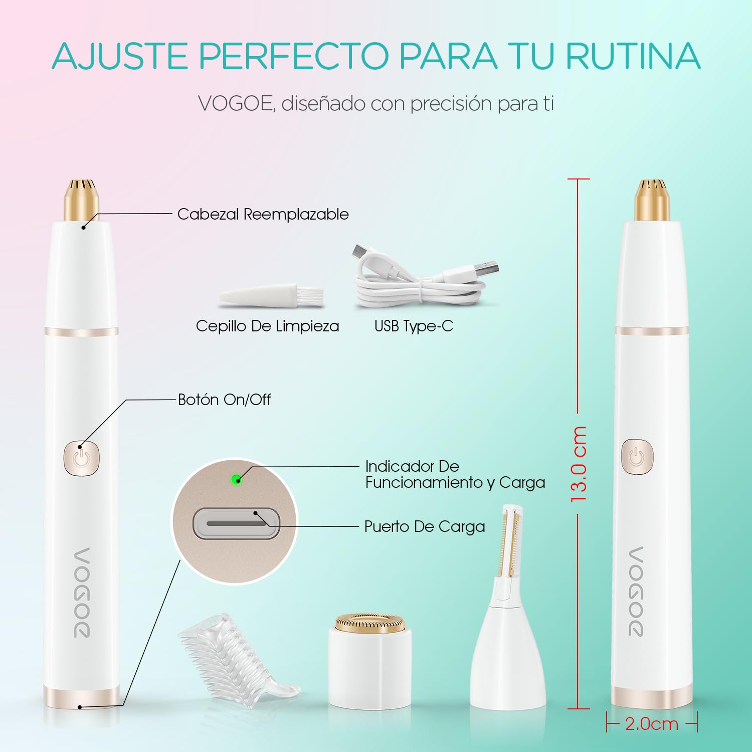 VOGOE Depiladora Facial Mujer 3-en-1, Regulador de Cejas Eléctrico Indolora, Recargable y Resistente al Agua con Peine, para Cejas, Labio Superior, Mentón y Mejillas (Blanco)