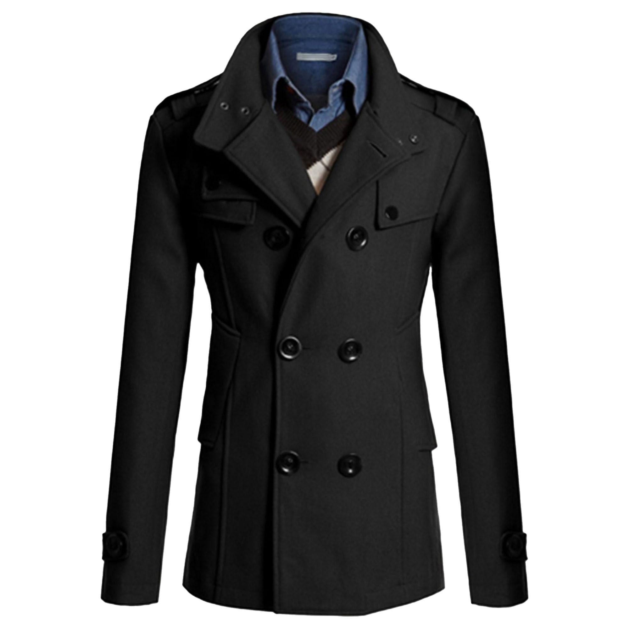 Qolkmuiy-GJ Men's Stand Collar Wool Blend Jacket 2 Breasted Short Wool Jackets Trendy Casual Winter Pea Coat (Black,XX-Large)