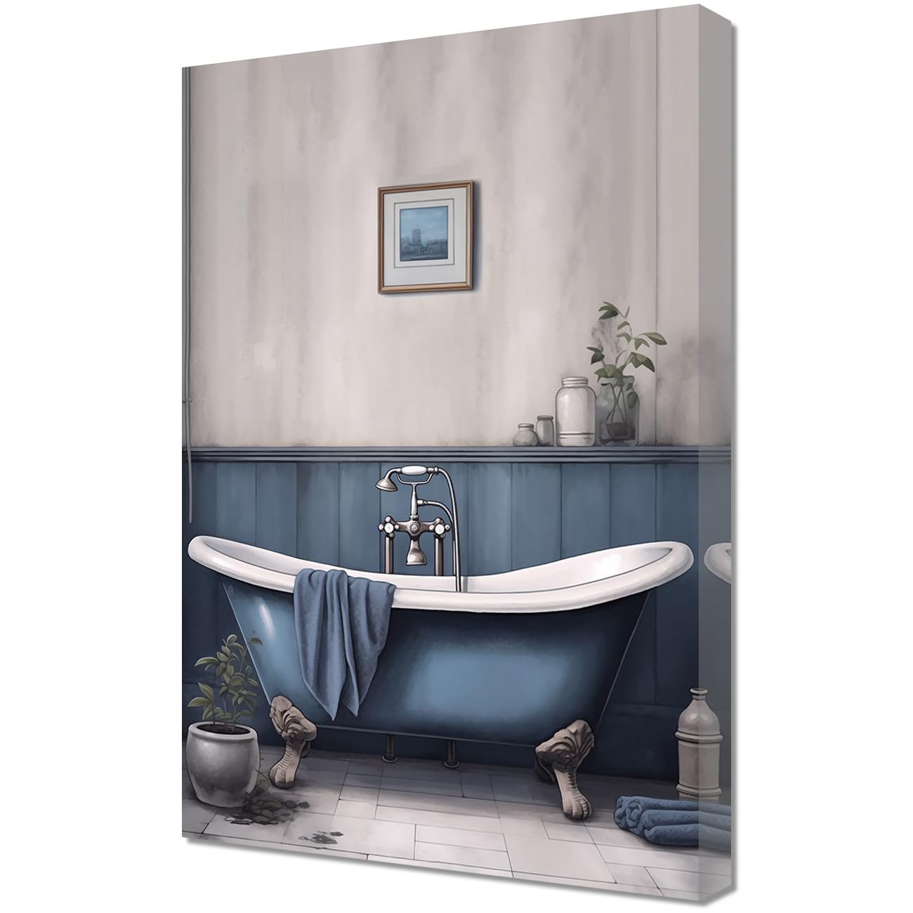 LMYSXAOZ Bathroom Wall Art Bathtub Painting Canvas Prints Vintage Grey and Blue Tub Picture Artwork for Home Decor Framed (Tub,16.00" x 24.00")
