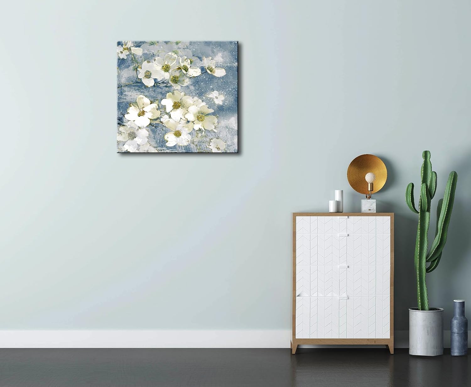Bathroom Decor Farmhouse White Flowers Wall Art Boho Floral Painting Picture Canvas Print Framed Blue Artwork Poster for Bedroom Office Decoration 14"x14" image 2