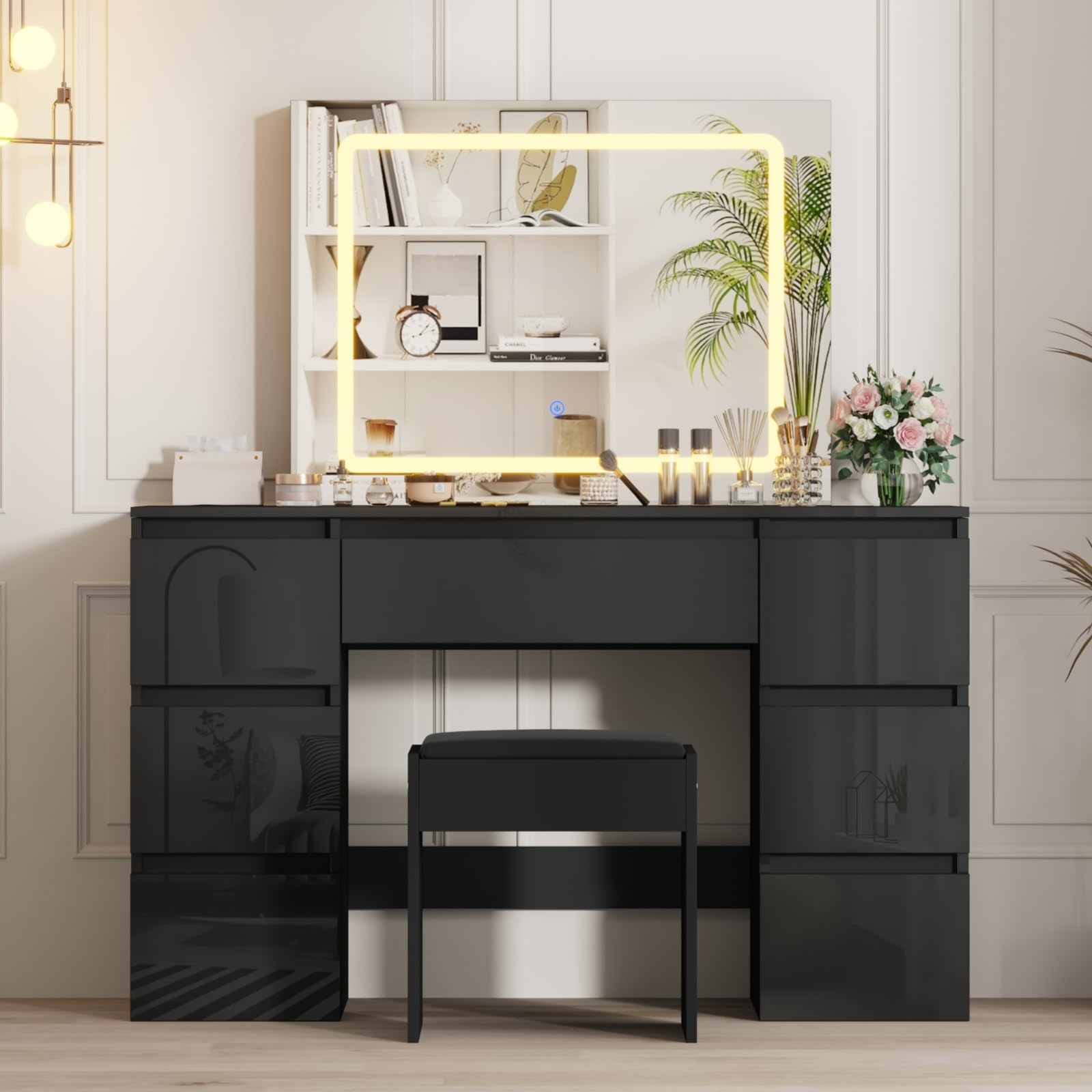 LSLIFE Schminktisch mit Spiegel und Hocker Weißer Schminktisch mit LED-Beleuchtung 7 Schubladen Hochglanz Make-up Schreibtisch Schlafzimmer Ideal für Mädchen und Frauen Schlafzimmer Möbel (Schwarz)