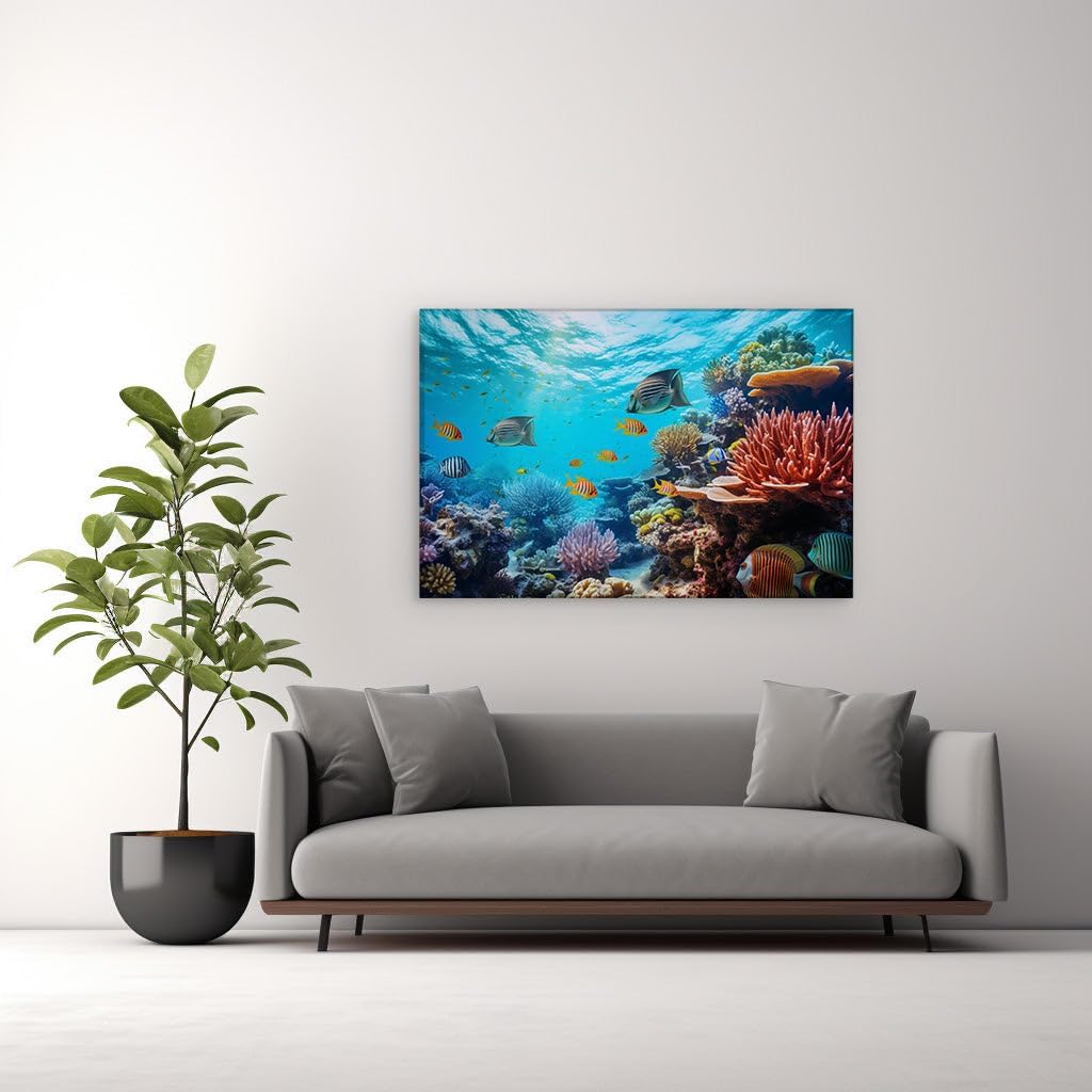 Canvas for Living room. Dive into a Kaleidoscope: Exploring a Thriving Coral Reef's Rainbow Palette, 27 x 18 inch Canvas Wall Art - Contemporary Masterpieces - Modern Home Decor