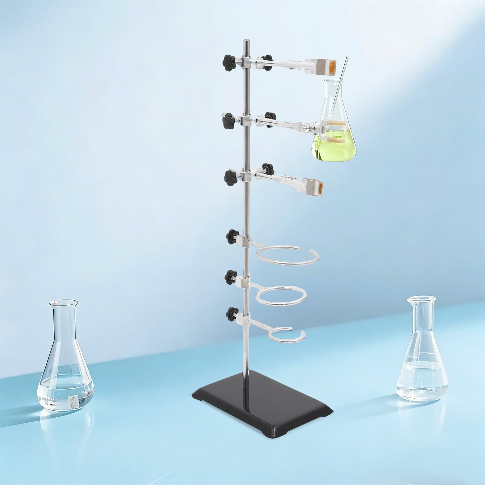 Set di cavalletti da laboratorio con base, 60 cm, in ferro, con 3 morsetti a pistone, 3 morsetti ad anello da 6/8/10 cm e 3 morsetti a croce per chimica e fisica