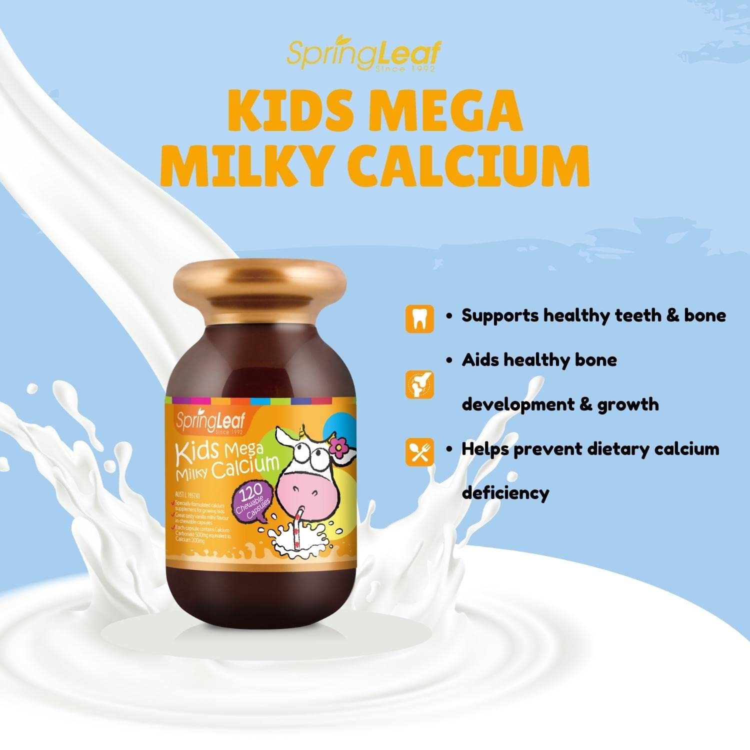 Spring Leaf Kids Mega Milky Calcium 120Caps - Kids Calcium Supplement For  Bone & Teeth Strength - Support Kids Growth & Development : Amazon.com.au:  Health, Household & Personal Care
