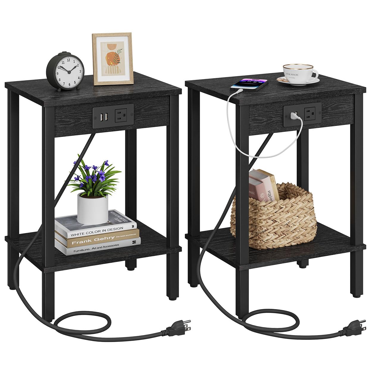 VIMBER Side Table with Charging Station, Set of 2 End Tables with USB Port and Outlets, Nightstands with 2-Tier Storage Shelves, Sofa Table for Small