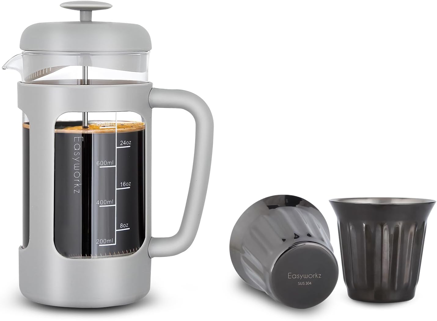 Easyworkz French Press 34 oz Coffee Tea Maker Bundled with Stainless Steel Double-Wall Espresso Cups