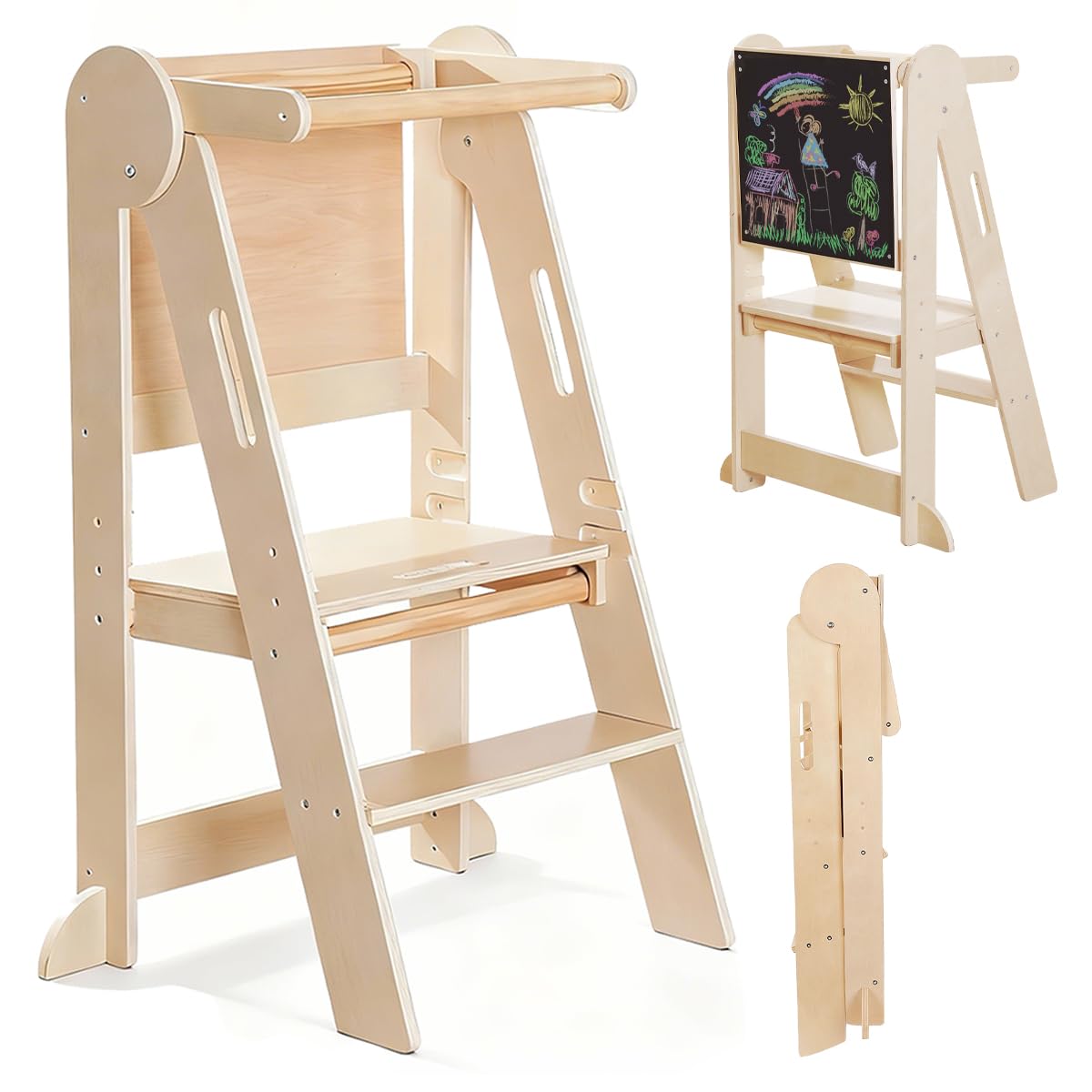 Montessori Torre de Aprendizaje Plegable para Niños, Madera con Pizarra y Barra de Seguridad