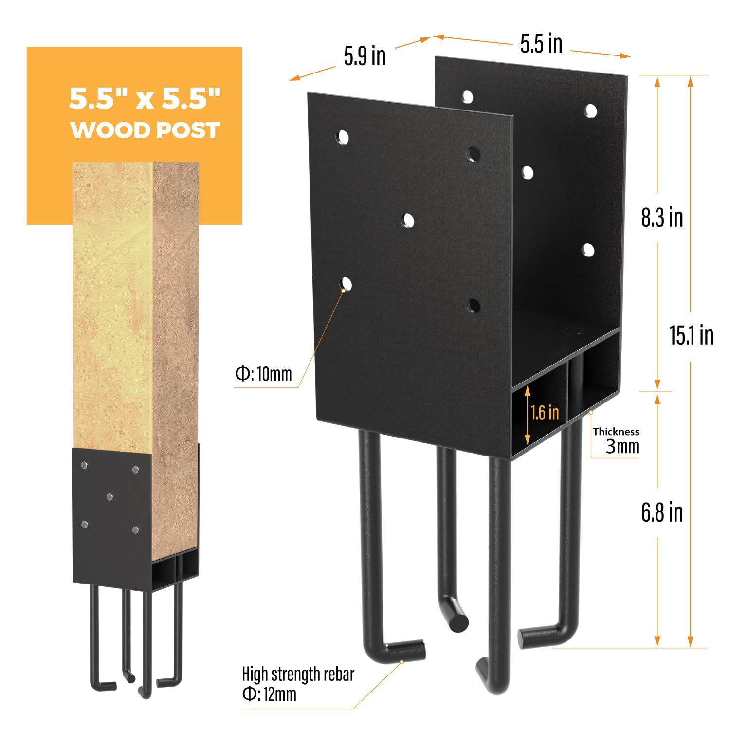Paquete de 6 anclajes de metal para postes de hormigón, 6 x 6 pulgadas (interno 5.5 x 5.5 pulgadas) con canal de flujo de aire, soportes de anclaje de poste para uso en cubierta de hormigón para valla