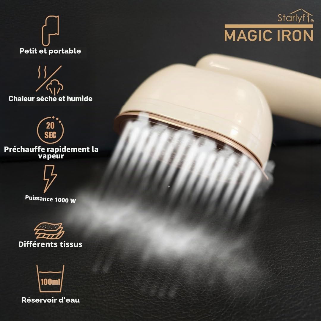 STARLYF Magic Iron Vaporisateur pour vêtements à main, chauffage rapide 20 s, réservoir 100 ml, double fonction sec et humide, poignée rotative à 90°, plaque triangulaire, design compact, idéal pour