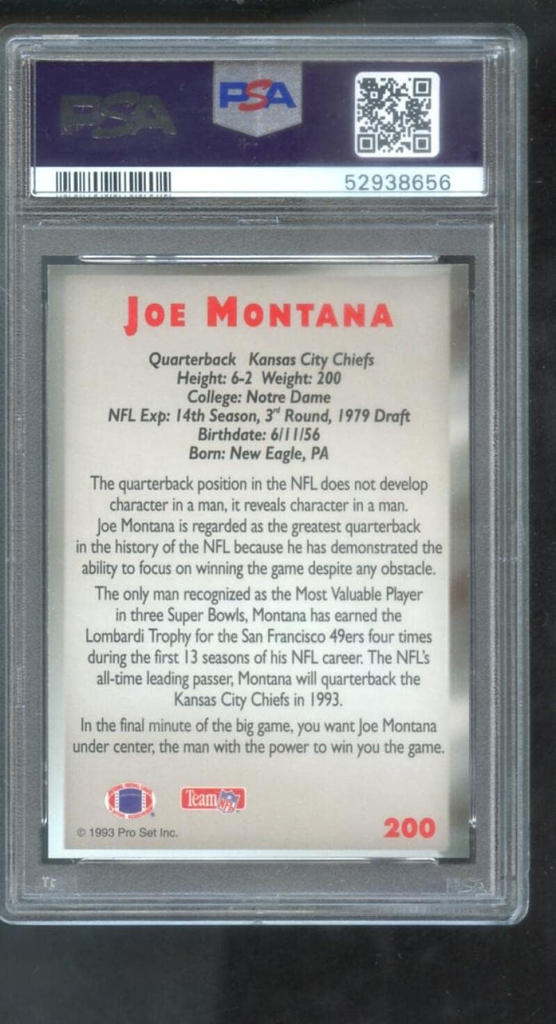 1993 Pro Set Power #200 Joe Montana PSA 10 Graded Football Card Kansas City Chiefs NFL GEM MT MINT ProSet