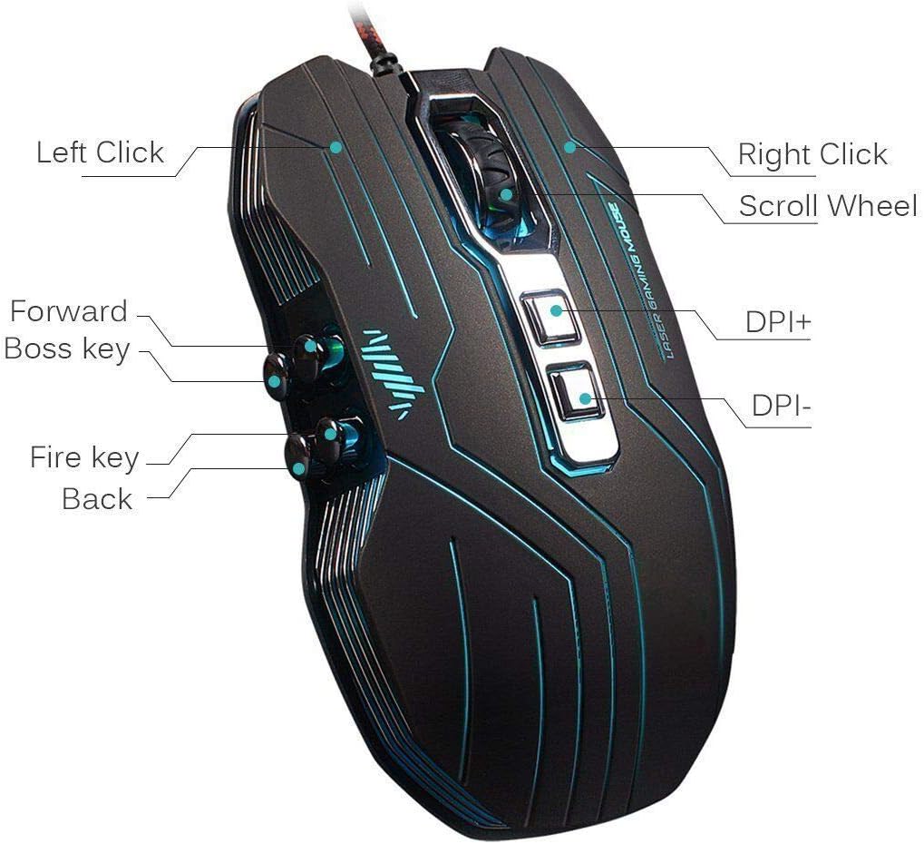 Gaming Mouse Programmable Wired LED Optical 9 Buttons with 1200/1600/2400/3200 DPI for Pc/Mac/Notebook(Black)