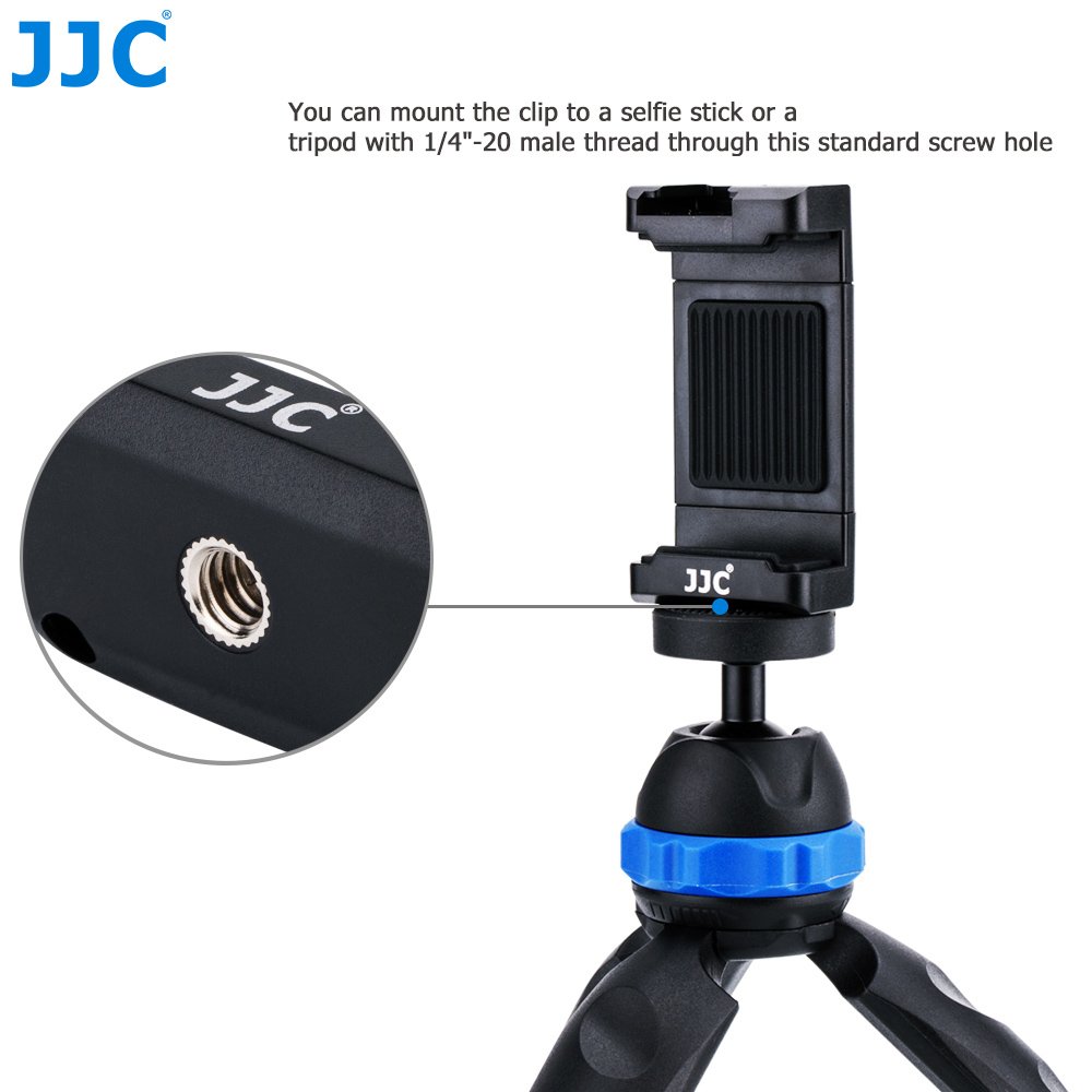 JJC Trépied Universel Support de Fixation avec 56–95mm Support de Serrage, Sabot Réglable et Niveau à Bulle pour Smart Phones sur 1/4–20 Trépied