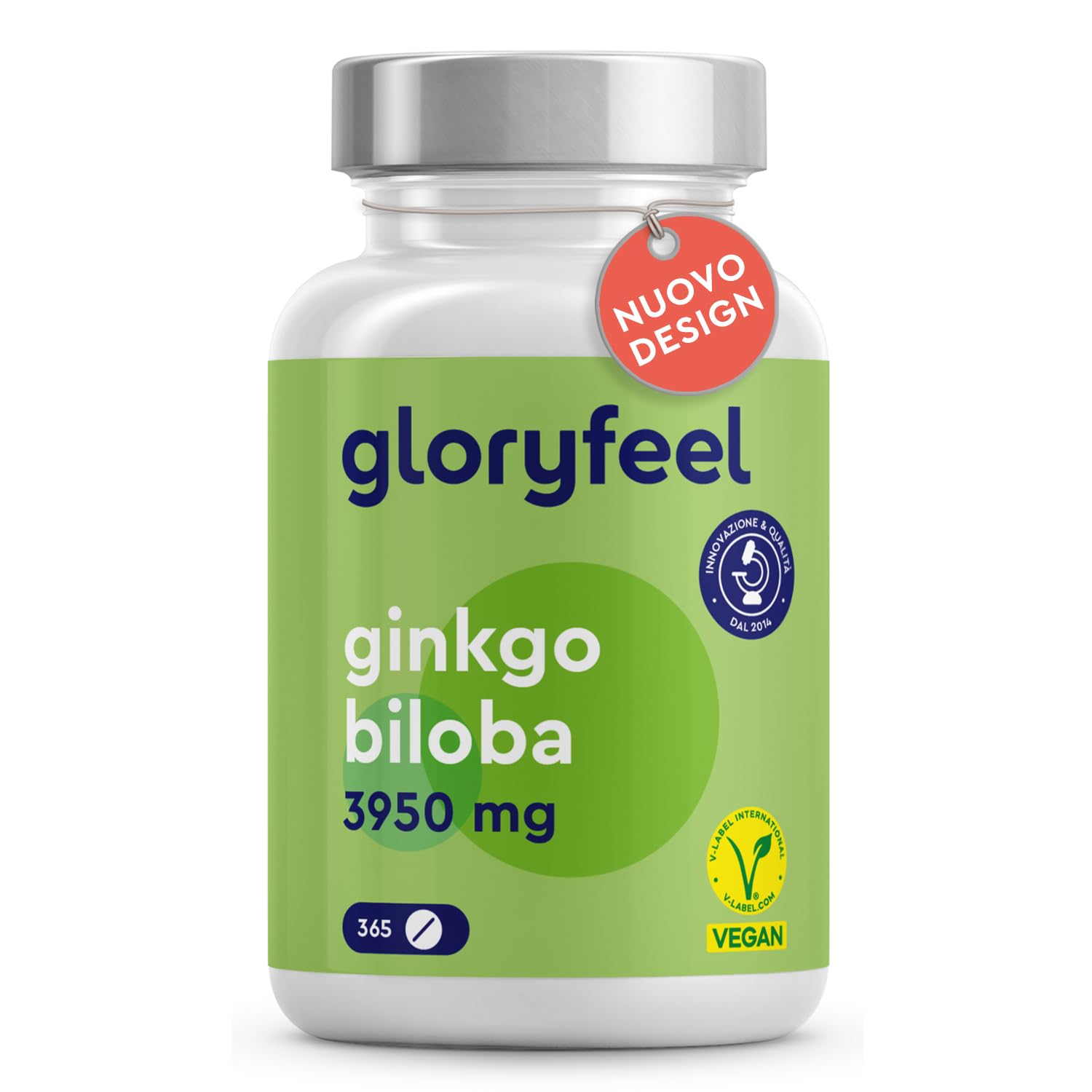 Ginkgo Biloba, Estratto 50:1 con 24% Flavonoglicosidi + 6% Terpenlattoni, 365 Compresse per 1 anno, 100% Vegan e Qualità Testata, 3950 mg, Integratore per Circolazione, Concentrazione e Memoria