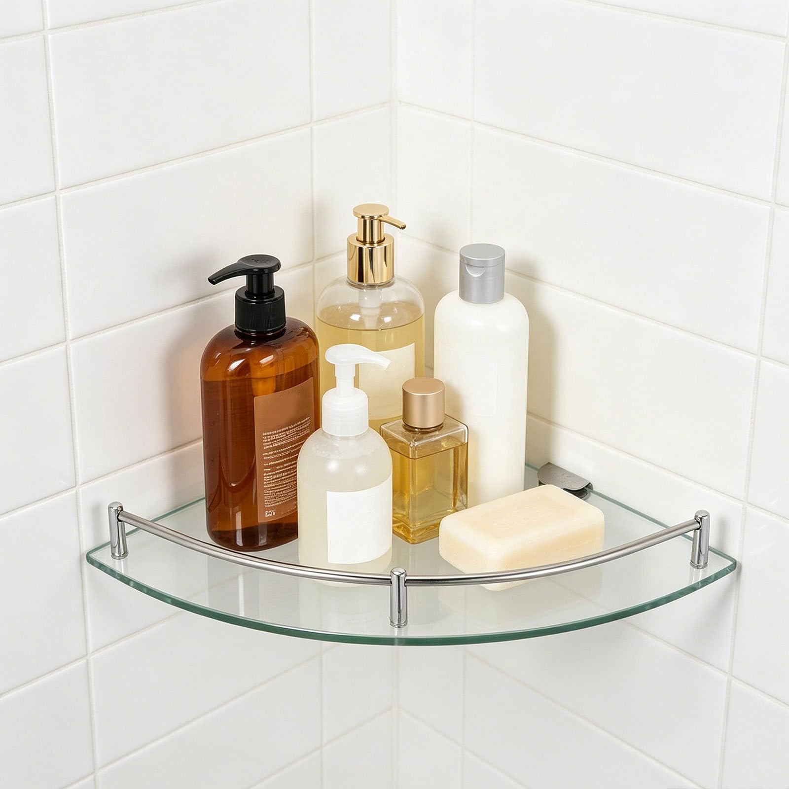 Hemobllo 2 Piezas Estante Esquinero de Vidrio, Estante de Esquina de Vidrio Triangular, Acero Inoxidable, Montaje en Pared, Ahorro de Espacio, para Baño y Bañera