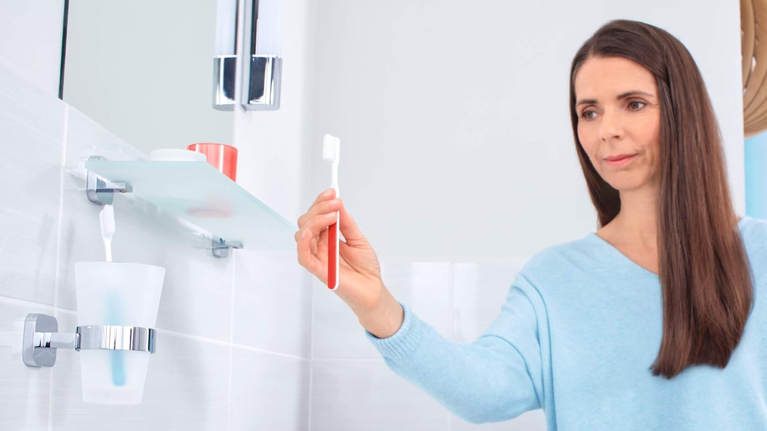 tesa ELEGAANT Toothbrush Holder - Self-Adhesive, Stainless-Steel Tooth Brush Holder with Frosted Glass Cup - Waterproof, incl. Power.Kit Adhesive Solution - 125mm x 80mm x 120mm