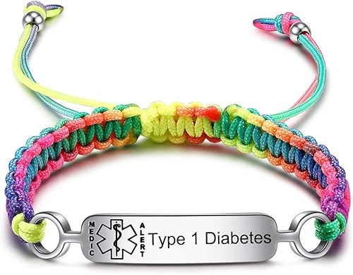 Pulseras de identificación de alerta médica para diabetes tipo 1 pregrabadas para hombres y mujeres, cuerda de nailon trenzada, Metal, Sin gemas.