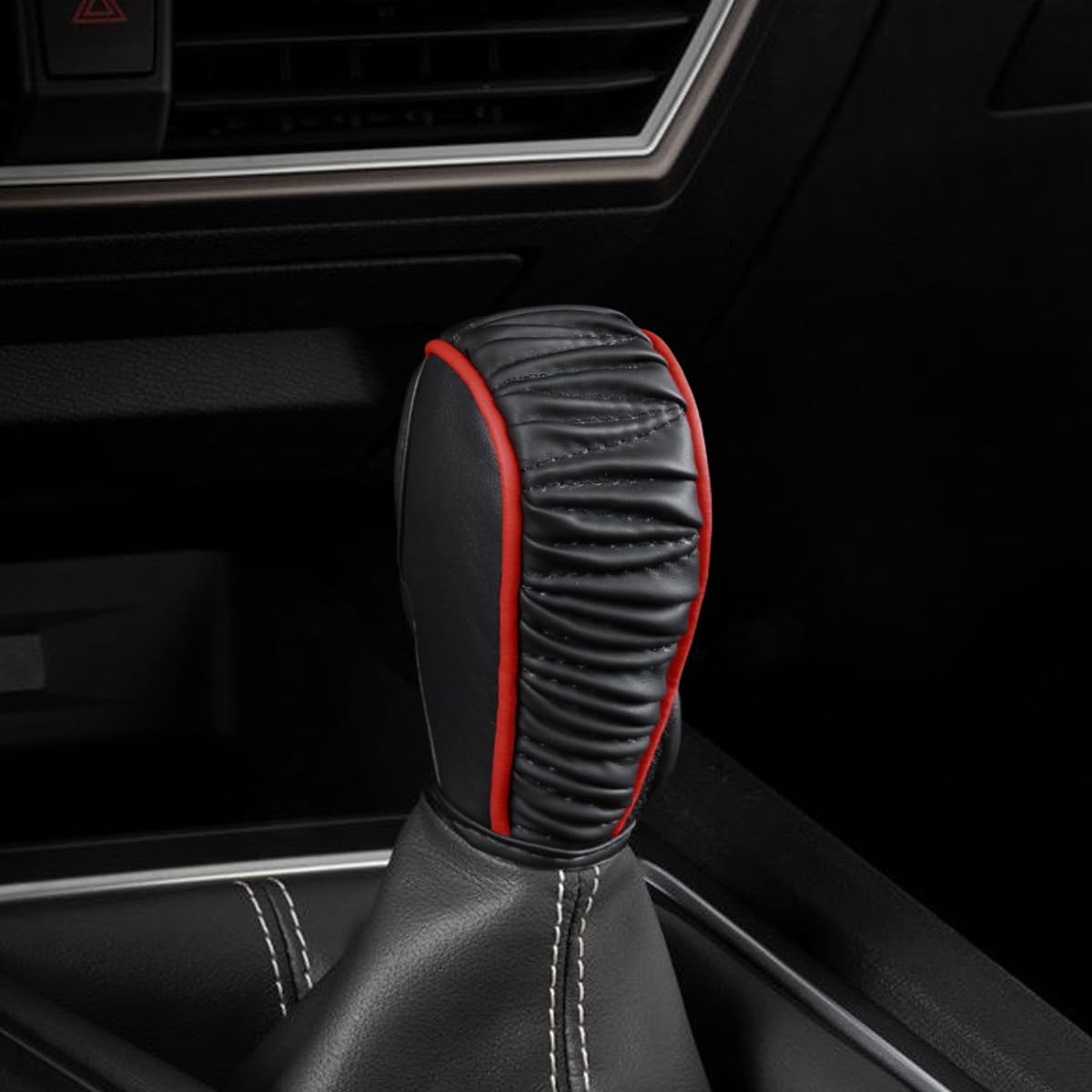 Leather Car Gear Shift Cover, Anti-Slip Dust Waterproof Shift Knob Cover, Soft Breathable Shifter Stick Protector Decoration Accessories, Car Shifter Covers for Most Vehicles (BlackRed)