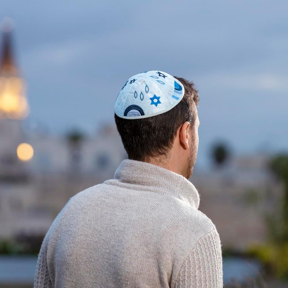 Yair Emanuel Kippah Yarmulkes & Yemenite Hat Embroidered Kippah Menorah Blue (Bundle) image 3