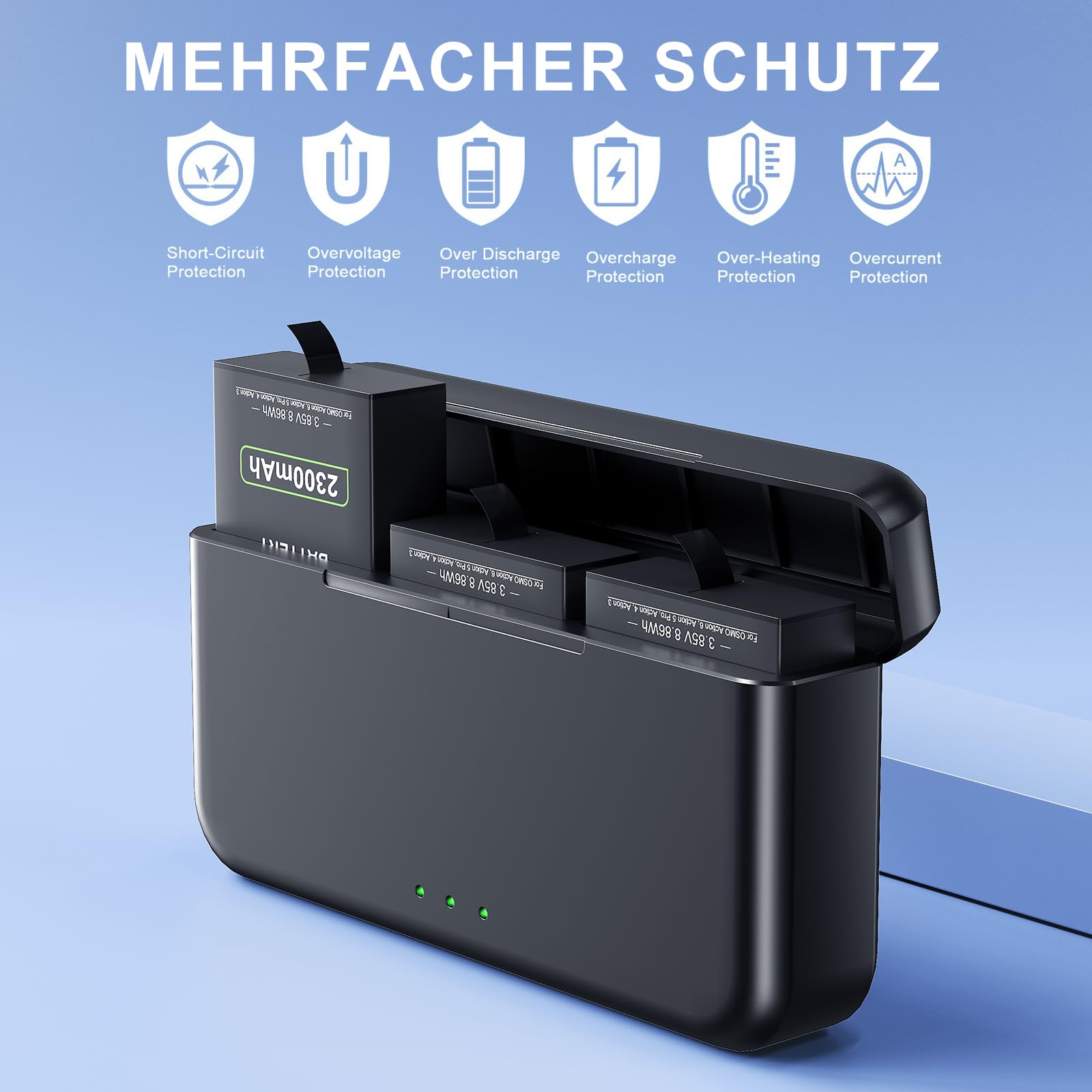 Confezione da 3 batterie per OSMO Action 6 con caricabatterie, 2300 mAh, batterie compatibili con DJI OSMO Action 6, Action 5 Pro, Action 4, Action 3 e OSMO 360