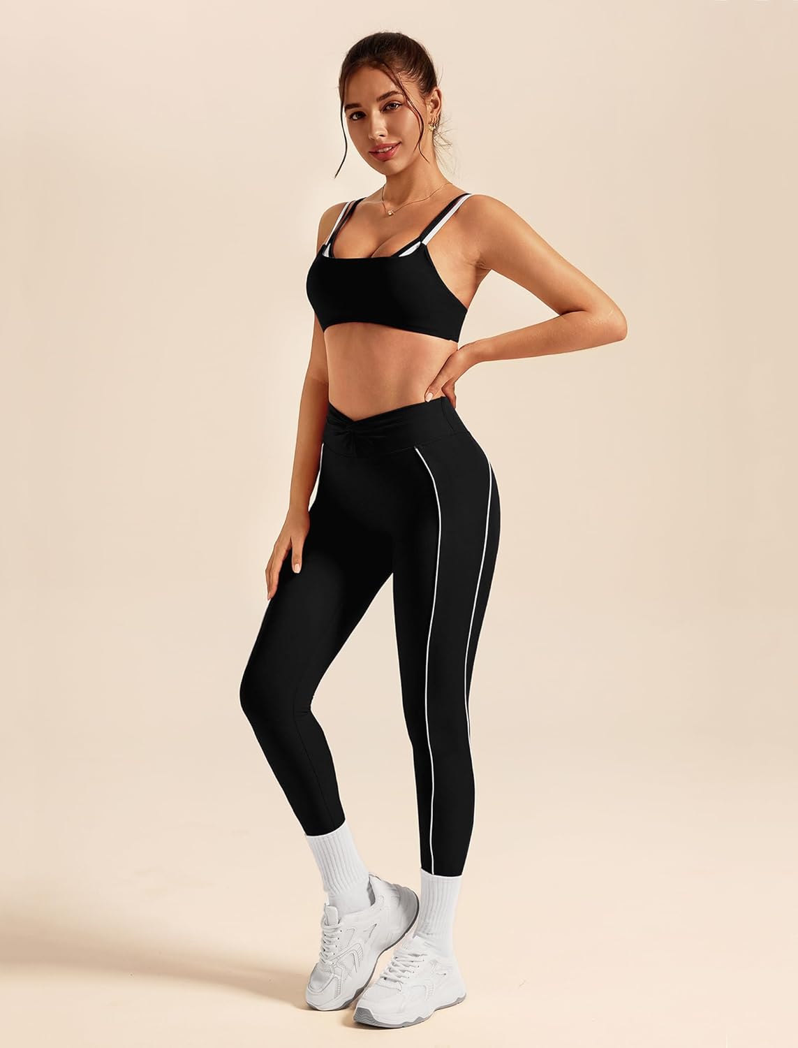 ABOCIW Workout Workout Sets Color Block Twist Back Layered Sports Bra Twist Waist Leggings Gym Yoga Outfits - Image 5